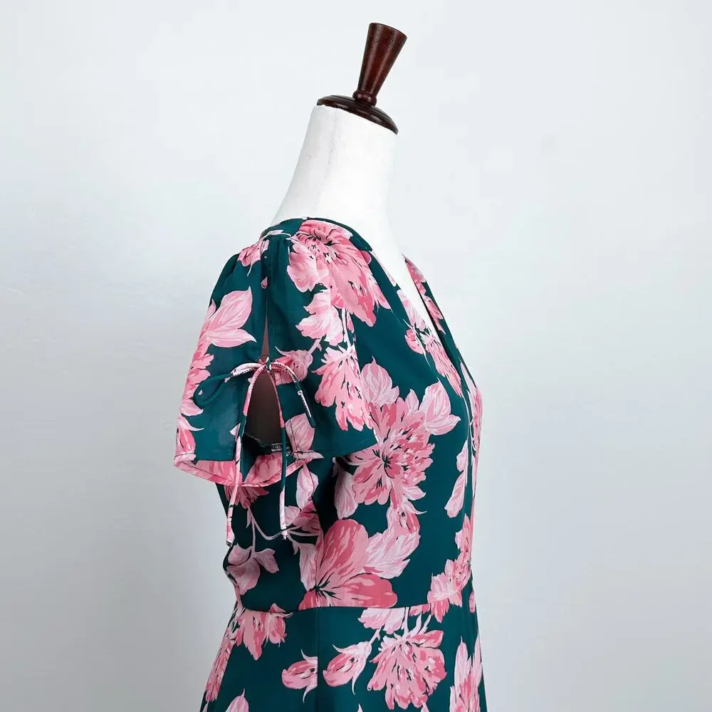 J. Crew Green Spring Pink Floral Short Sleeve V-Neck A-Line Mini Dress SIZE 4